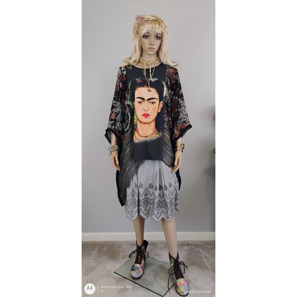 Designer Upcycle Frida Kahlo Poncho Top Hippie Boho Tunic Wearable Art - Picture 1 of 8